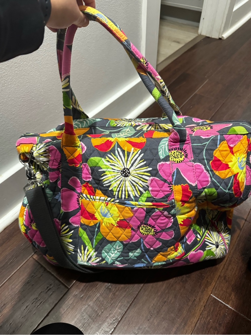 Vera Bradley Gray Quilted Floral Tote with Pink, Yellow and Green Accents